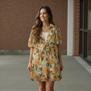 Pink Lily Floral Puff Sleeve Mini Dress | Tiered Skirt, Tie Front | Size L